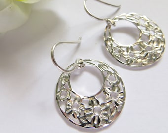 Sterling Silver Earrings,  Diamond Cut Design Earrings, Flower Earrings, Fancy Lace Earrings, Bright Silver Earrings, Lacey Drop Earrings