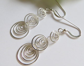 Three Circle Sterling Silver Drop Earrings, Geometric 925 Silver