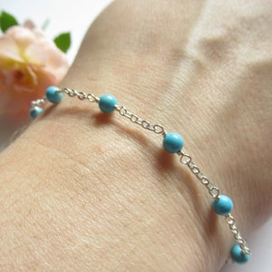 Turquoise Bracelet, December Birthstone Bracelet, Semiprecious Gemstone Bracelet, Smooth Round Sky Blue .925 Sterling Silver Chain Bracelet