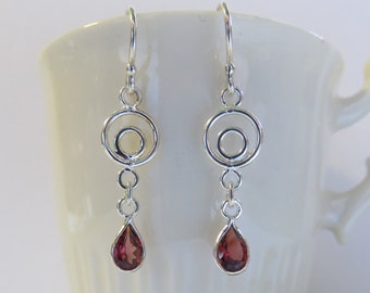 Garnet Drop Earrings, Sterling Silver, January Birthstone