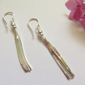 Sterling Silver Earrings, 25th Wedding Anniversary, Bright Shiny Silver Everyday Earrings, Minimalist Tassel Earrings, .925 Silver Earrings