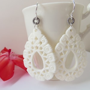 Hand Carved Bone Filigree Earrings, 925 Sterling Silver Earrings, White Carved Bone Large Teardrop Statement Earrings