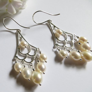 Freshwater Pearls on Sterling Silver Chandelier Earrings, 30th Wedding Anniversary Earrings, June Birthstone Earrings