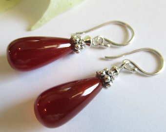 Carnelian Teardrop Earrings, Bali Silver, Fine Silver Hooks