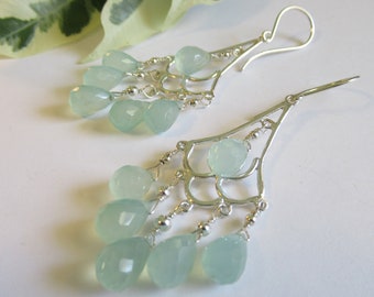 Seafoam Chalcedony Chandelier Earrings, 925 Sterling Silver earrings, Dangle earrings, Faceted Chalcedony Mint Semi Precious Gemstone