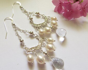 Crystal Quartz Pearl Bridal Earrings, Sterling Silver CZ, Anniversary Gift