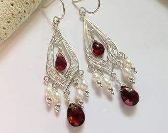 Garnet Chandelier Earrings, January June Birthstone Earrings, 30th Wedding Anniversary Earrings, Faceted Semi-precious Gemstone Earrings