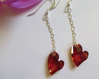 Swarovski Crystal Earrings, Swarovski Earrings, Red Magma Heart Earrings,  Long Chain Dangle Earrings, Sterling Silver Earring