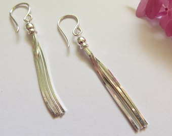 Sterling Silver Earrings, 25th Wedding Anniversary, Bright Shiny Silver Everyday Earrings, Minimalist Tassel Earrings, .925 Silver Earrings