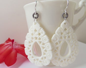 Hand Carved Bone Filigree Earrings, 925 Sterling Silver Earrings, White Carved Bone Large Teardrop Statement Earrings