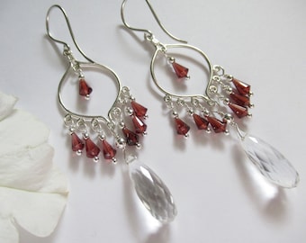 Garnet Earrings, Crystal Quartz Earrings, .925 Sterling Silver Earrings, January Birthstone, Chandelier Earrings, Teardrop Earrings