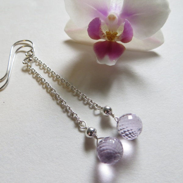 Amethyst Briolettes Earrings, Faceted Onion Briolettes Amethyst Semi-precious February Birthstone Long Sterling Silver Chain Purple Earrings