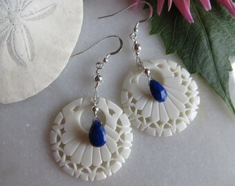 Lapis Lazuli Sterling Silver Earrings, Hand Carved Bone Dream Catcher