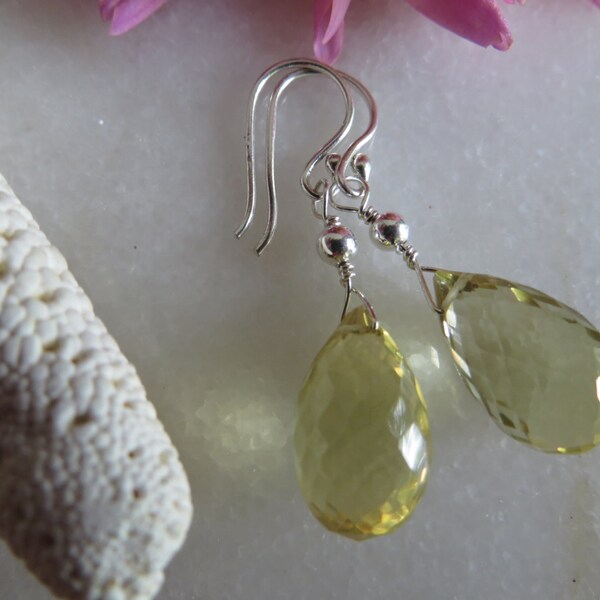 Lemon Quartz Earrings, Briolette Earrings, Faceted Semi Precious Gemstone Yellow Drop Earrings, Quartz Earrings, Sterling Silver Earrings