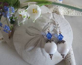 Mountain Jade Earrings, Sterling Silver Earrings, Swarovski Crystal, Swarovski Earrings, Blue White Earrings, Silver Earrings, Blue Crystal