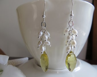 Lemon Quartz Earrings, Pearl Earrings, Briolette Earrings, Drop Earrings, Quartz Earrings, Sterling Silver Earrings, Faceted Yellow Earrings