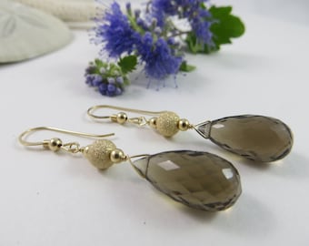 Smoky Quartz Briolette Earrings, 14k Gold Filled, Gemstone Dangle