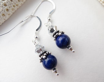 Lapis Lazuli Earrings, Cobalt Blue Lapis Earrings Sterling Silver Earrings Swarovski Crystal Earrings Semi Precious Gemstone Silver Earrings