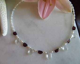 Garnet Necklace, Freshwater Pearl Necklace, Faceted Semi-precious Gemstone Necklace, Quartz Crystal Sterling Silver June January Birthstone