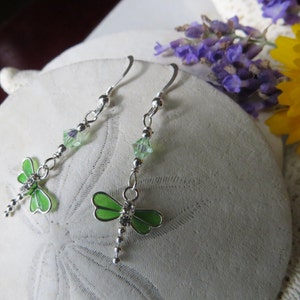 Dragonfly Earrings, Sterling Silver Earrings, Green Earrings, Drop Earrings, Dangle Earrings, Swarovski Crystal Earrings, Nature image 2