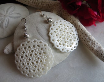 Hand Carved Bone Earrings, Filigree Earrings, Ivory Earrings, Sterling Silver Earrings, Dangle Earrings, White Bone Large Statement Earrings