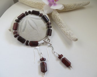 Brecciated Jasper Bracelet and Earrings Set, 925 Sterling Silver, Brown Semi Precious Gemstone