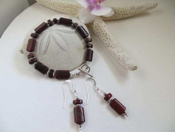 Brecciated Jasper Bracelet and Earrings Set, 925 Sterling Silver, Brown Semi Precious Gemstone