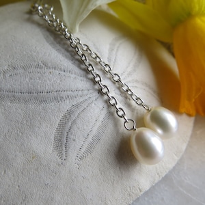 Freshwater Pearl Silver Earrings, June Birthstone Earrings, 30th Wedding Anniversary, Long 925 Sterling Silver Chain Earrings