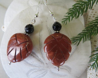 Marianne's Earrings, Carved Leaf Earrings, Red Earrings, Black onyx Earrings, Red Jasper Earrings,  Sterling Silver Earrings, Drop Earrings