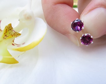 Rhodolite Garnet Studs, Sterling Silver Earrings, Semi-precious Faceted Gemstone Studs, January Birthstone Earring, Garnet 5mm Round Posts