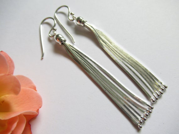 Sterling Silver Earrings 25th Wedding Anniversary Bright Shiny Silver Everyday Earrings Minimalist Tassel Earrings .925 Silver Earrings Etsy