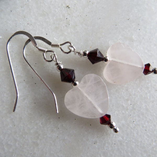 Rozenkwarts hart oorbellen, Swarovski Crystal Earrings oorbellen hart, Valentine oorbellen, Gift van de Valentijnskaart, Semi Precious Gem Rozenkwarts