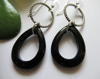 Black Onyx Open Teardrop Earrings, Mid Century Geometric Earrings, 925 Sterling Silver Hoop Earrings, Black July Birthstone, Gift for Her