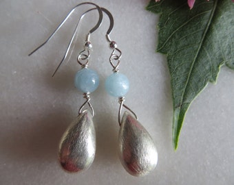 Aquamarine Earrings, Sterling Silver Earrings, Brushed Silver Earrings, March Birthstone Earrings, Blue Semi Precious