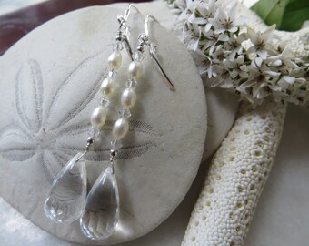 Quartz Crystal and Freshwater Pearl Sterling Silver Earrings