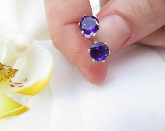 Amethyst 6mm Stud, Sterling Silver Earrings, Semi-precious Gemstone Studs,February Birthstone Earrings, February Gift, Faceted Amethyst Post