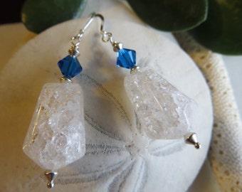 Ice Flake Crystal Earrings,  Rock Crystal Quartz Earrings, Swarovski Earrings, Blue Earrings, Dangle Earring, Crackle Crystal Quartz earring