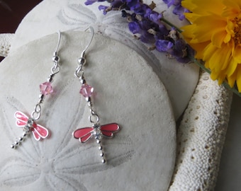 Dragonfly Earrings, Sterling Silver Earrings, Pink Earrings, Drop Earrings, Dangle Earrings, Swarovski Crystal Earrings, Nature Insect