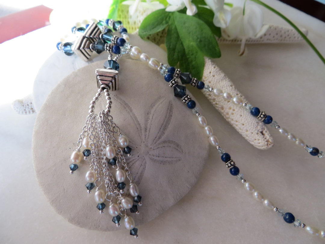 Great Gatsby Necklace, Freshwater Pearl Beaded Tassel Necklace, Denim