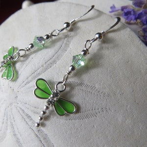 Dragonfly Earrings, Sterling Silver Earrings, Green Earrings, Drop Earrings, Dangle Earrings, Swarovski Crystal Earrings, Nature image 1
