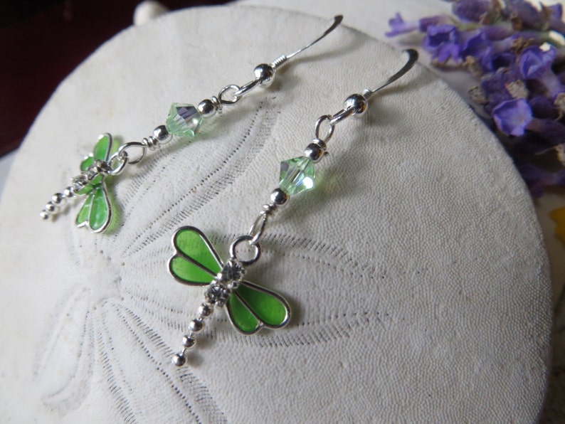 Dragonfly Earrings, Sterling Silver Earrings, Green Earrings, Drop Earrings, Dangle Earrings, Swarovski Crystal Earrings, Nature image 1