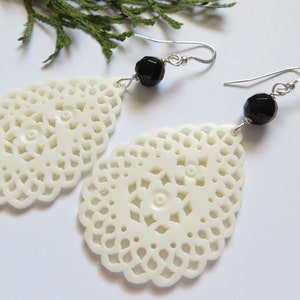 Hand Carved Bone Earrings, Bone Filigree Teardrop Earrings, Large Lightweight Statement Earrings, 925 Sterling Silver Earrings