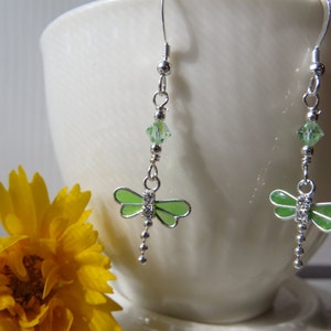 Dragonfly Earrings, Sterling Silver Earrings, Green Earrings, Drop Earrings, Dangle Earrings, Swarovski Crystal Earrings, Nature image 4