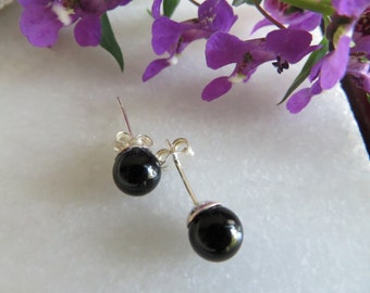 Black Onyx Sterling Silver Stud Earrings, 6mm Gemstone