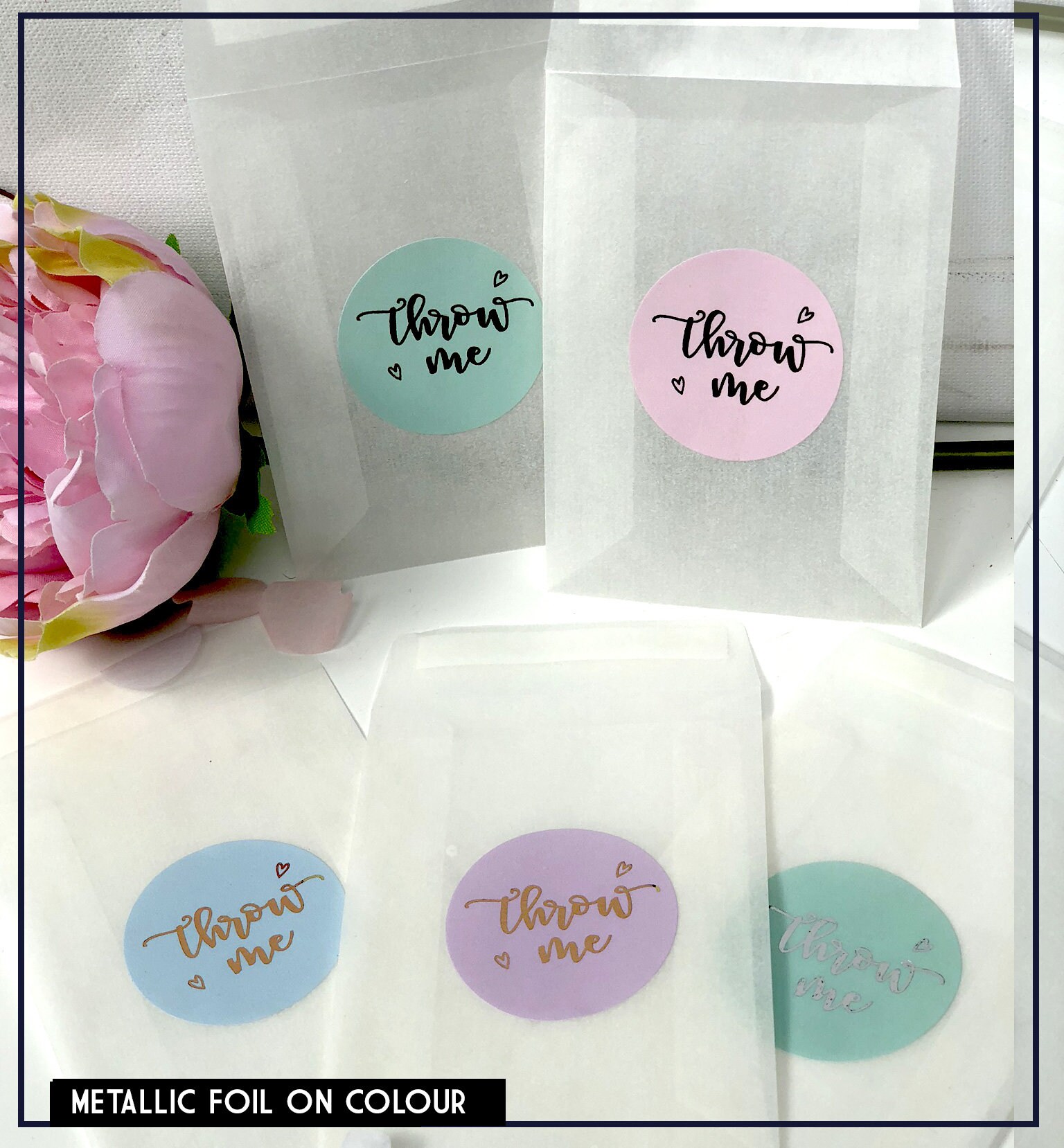 Personalised Wedding favour stickers gold Throw Me Confetti bags