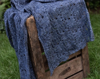 Elegant blue lace stole wrap from silk-merino yarn with sterling silver