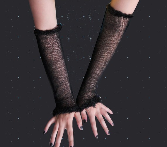 Long Black or White Mesh Fishnet Gloves Festive Arm Warmers Goth