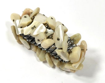 Shell Cuff Bracelet, MOP Beads, Steel Accordion, Summer, Beach Style, Vintage is Sustainable Jewelry