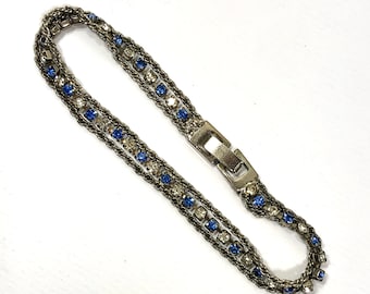 Sparkly Bracelet, Blue & Clear, Rhinestones, Silver Chain, Vintage is Sustainable Jewelry