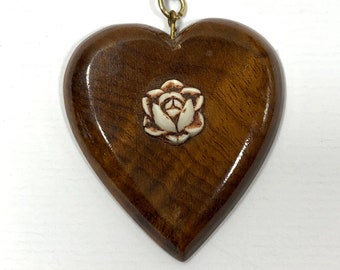 Rosewood, Heart, Necklace, Wood Pendant with a Rose, Vintage is Sustainable Jewelry